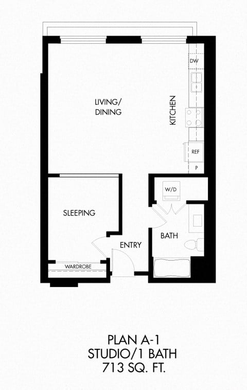 Floor plan for studio, 1 bath, 713 sqft